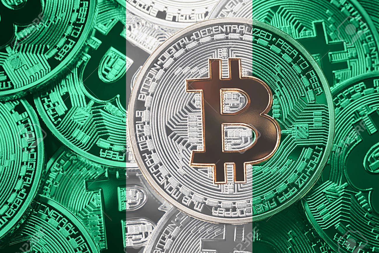 Stack Of Bitcoin Nigeria Flag Bitcoin Cryptocurrencies Concept - 